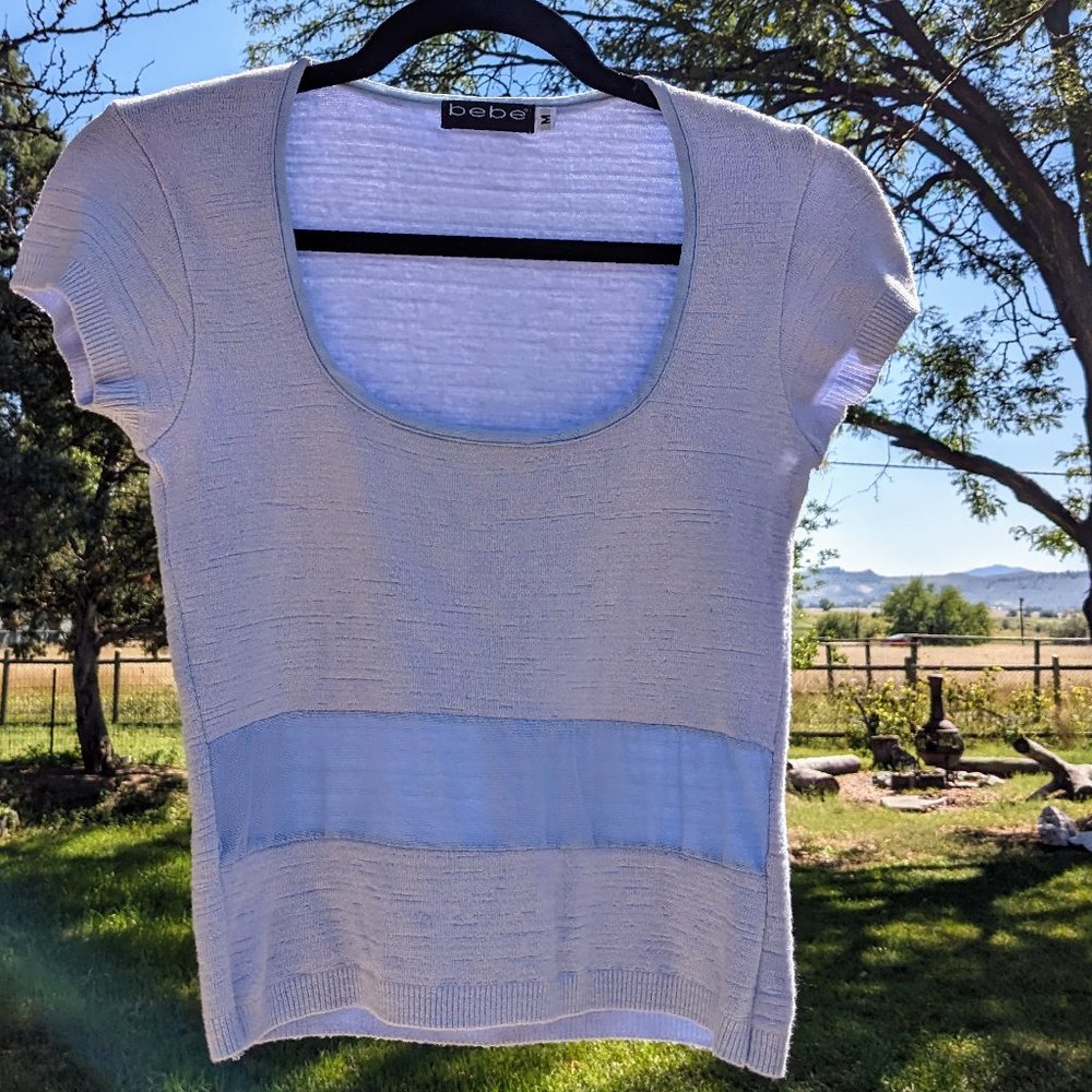 Vintage Y2K bebe Powder-Blue Cap Sleeve Peek-a-boo Sweater - Picture 9 of 13